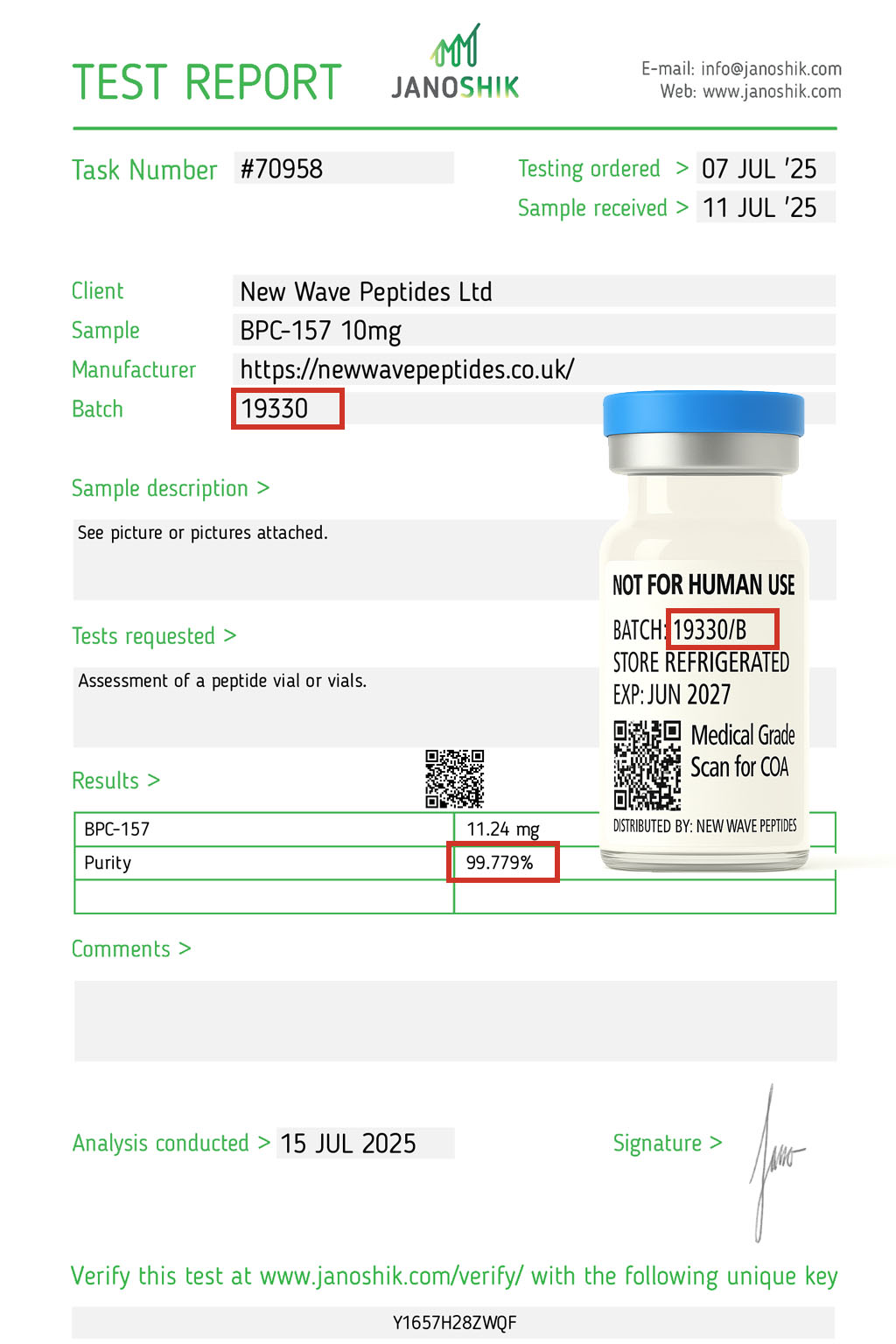 Janoshik Test Report BPC-157 99.779% Purity
